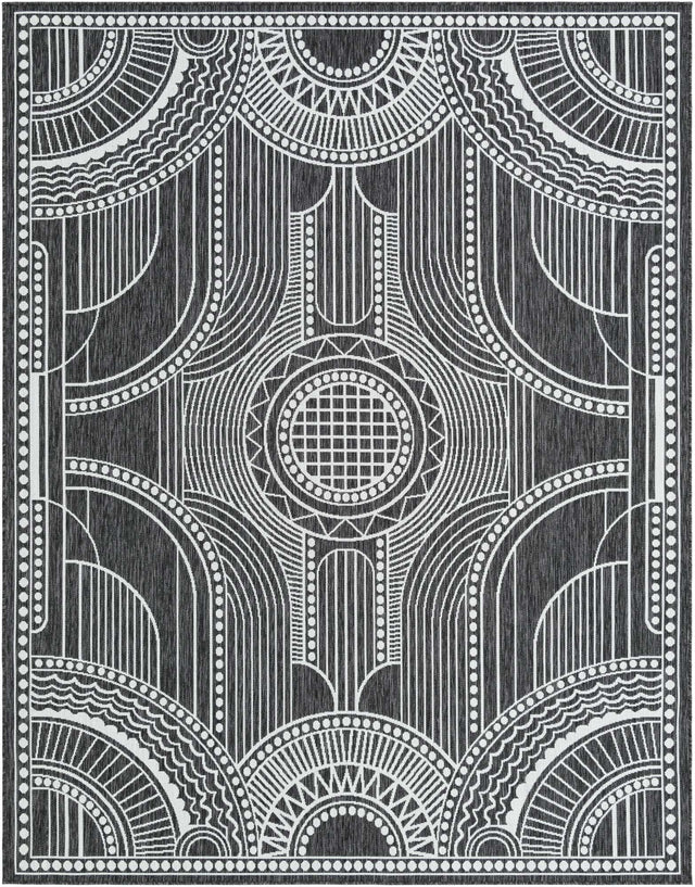 Black and White 7' 10 x 10' Outdoor Traditional Rectangle Area Rug Weather Resistant for Patio, Deck, Terrace, Balcony, Porch Classical Design Outside Carpet for Sale at Rug Engine