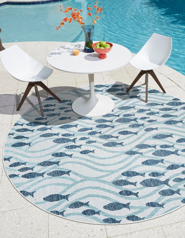 Blue 6' 1 x 6' 1 Outdoor Coastal Round Area Rug Weather Resistant for Patio, Deck, Terrace, Balcony, Porch 100% Polypropylene Coastal Decor Carpet for Sale at Rug Engine