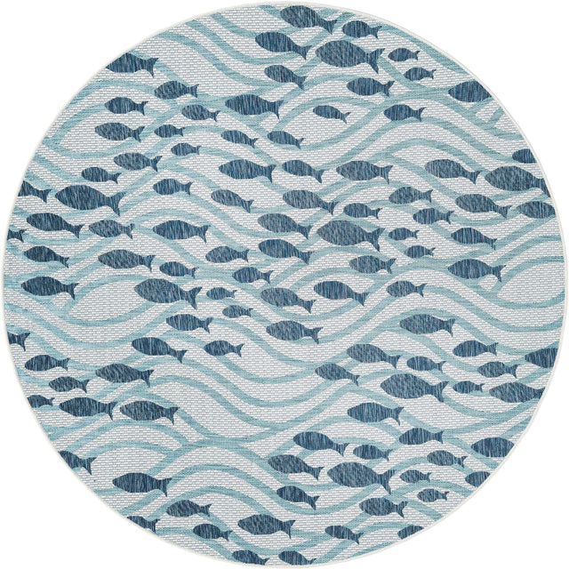 Blue 7' 10 x 7' 10 Outdoor Coastal Round Area Rug Weather Resistant for Patio, Deck, Terrace, Balcony, Porch 100% Polypropylene Coastal Decor Carpet for Sale at Rug Engine