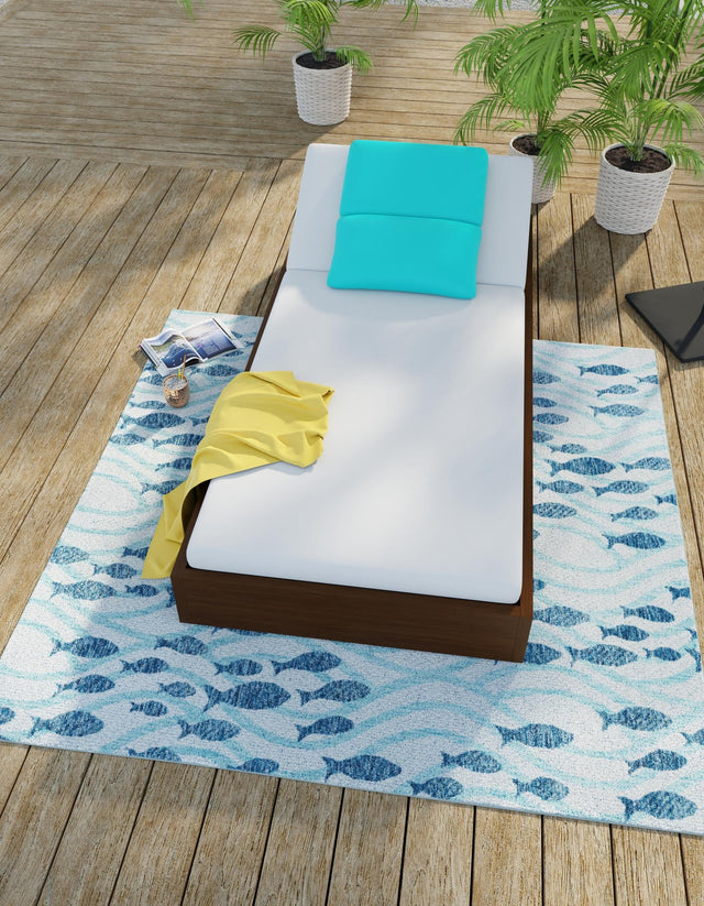Blue 10' x 10' Outdoor Coastal Square Area Rug Weather Resistant for Patio, Deck, Terrace, Balcony, Porch 100% Polypropylene Coastal Decor Carpet for Sale at Rug Engine