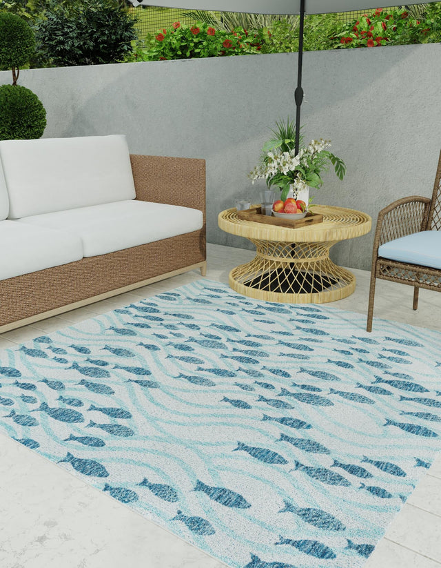 Blue 5' 3 x 5' 3 Outdoor Coastal Square Area Rug Weather Resistant for Patio, Deck, Terrace, Balcony, Porch 100% Polypropylene Coastal Decor Carpet for Sale at Rug Engine