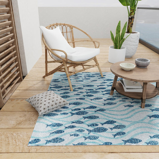Blue 6' 1 x 6' 1 Outdoor Coastal Square Area Rug Weather Resistant for Patio, Deck, Terrace, Balcony, Porch 100% Polypropylene Coastal Decor Carpet for Sale at Rug Engine