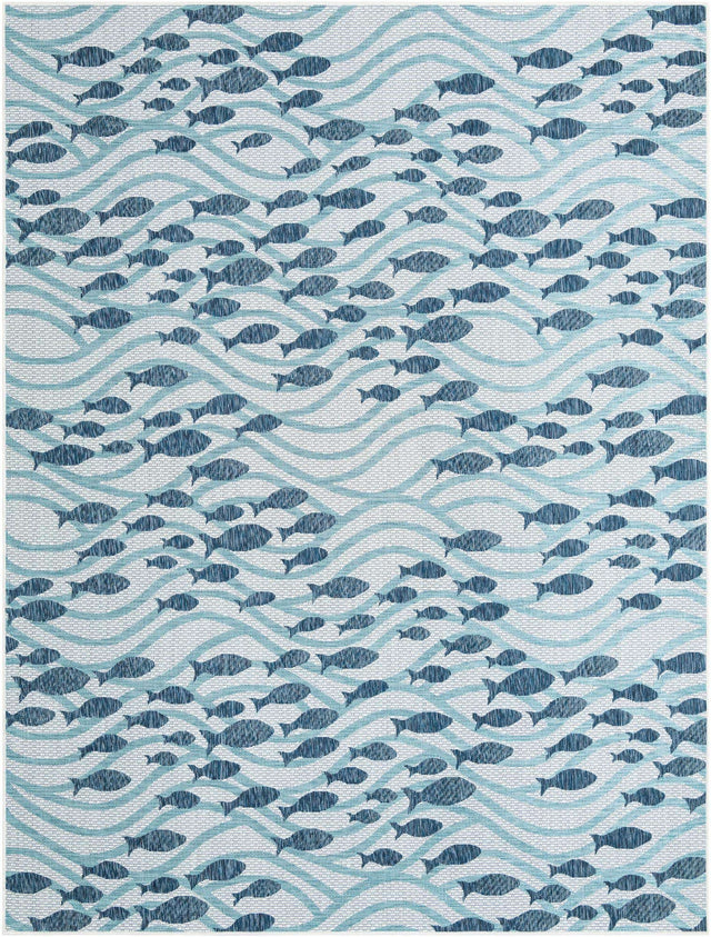 Blue 9' x 12' Outdoor Coastal Rectangle Area Rug Weather Resistant for Patio, Deck, Terrace, Balcony, Porch 100% Polypropylene Coastal Decor Carpet for Sale at Rug Engine