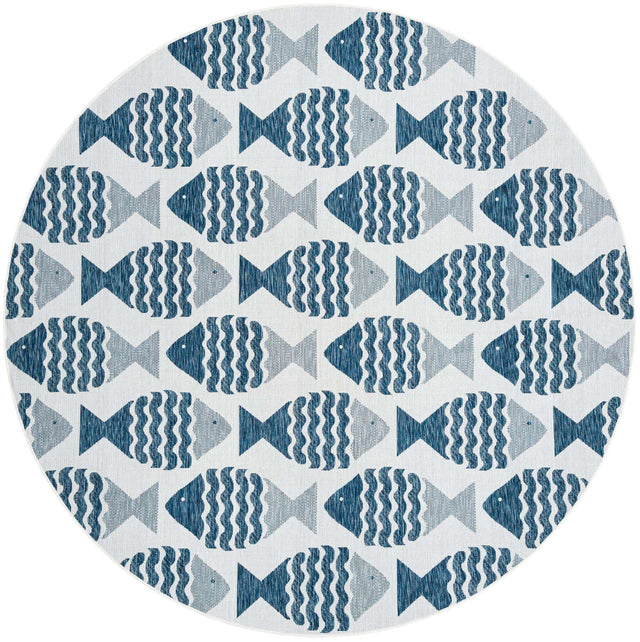 Navy Blue 10' x 10' Outdoor Coastal Round Area Rug Weather Resistant for Patio, Deck, Terrace, Balcony, Porch 100% Polypropylene Coastal Decor Carpet for Sale at Rug Engine