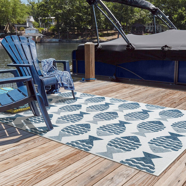 Navy Blue 5' 3 x 7' 1 Outdoor Coastal Rectangle Area Rug Weather Resistant for Patio, Deck, Terrace, Balcony, Porch 100% Polypropylene Coastal Decor Carpet for Sale at Rug Engine