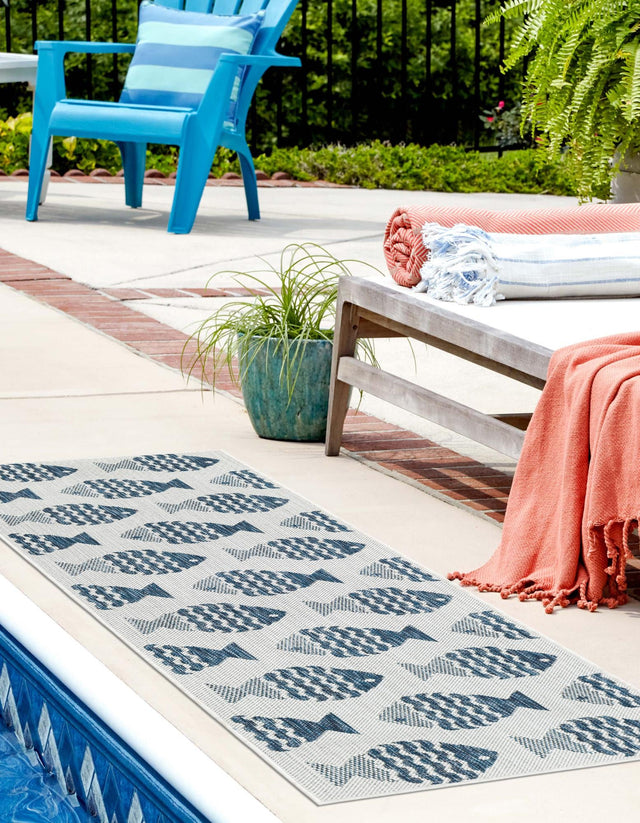 Navy Blue 2' 7 x 12' Outdoor Coastal Runner Area Rug Weather Resistant for Patio, Deck, Terrace, Balcony, Porch 100% Polypropylene Coastal Decor Carpet for Sale at Rug Engine