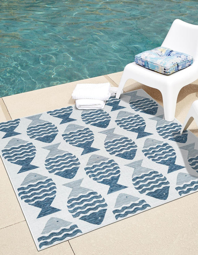 Navy Blue 6' 1 x 6' 1 Outdoor Coastal Square Area Rug Weather Resistant for Patio, Deck, Terrace, Balcony, Porch 100% Polypropylene Coastal Decor Carpet for Sale at Rug Engine