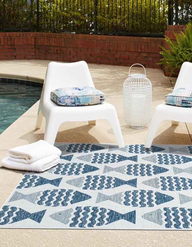 Navy Blue 6' 1 x 6' 1 Outdoor Coastal Square Area Rug Weather Resistant for Patio, Deck, Terrace, Balcony, Porch 100% Polypropylene Coastal Decor Carpet for Sale at Rug Engine