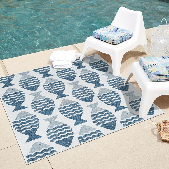 Navy Blue 6' 1 x 6' 1 Outdoor Coastal Square Area Rug Weather Resistant for Patio, Deck, Terrace, Balcony, Porch 100% Polypropylene Coastal Decor Carpet for Sale at Rug Engine