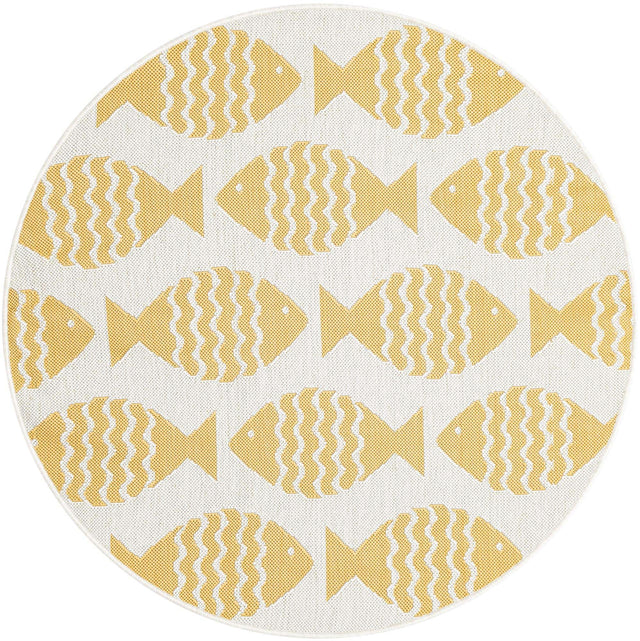 Yellow 4' 1 x 4' 1 Outdoor Coastal Round Area Rug Weather Resistant for Patio, Deck, Terrace, Balcony, Porch 100% Polypropylene Coastal Decor Carpet for Sale at Rug Engine
