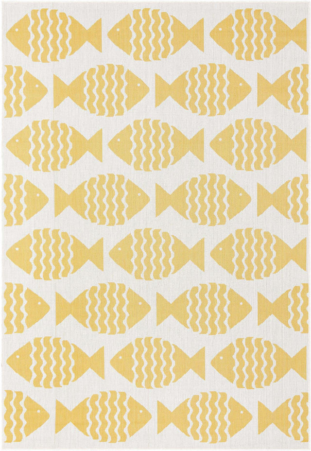 Yellow 6' 1 x 9' Outdoor Coastal Rectangle Area Rug Weather Resistant for Patio, Deck, Terrace, Balcony, Porch 100% Polypropylene Coastal Decor Carpet for Sale at Rug Engine