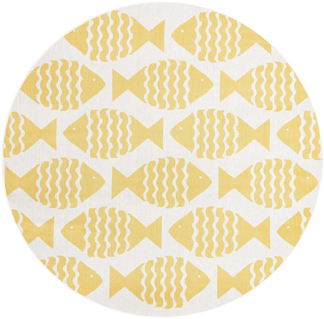 Yellow 7' 10 x 7' 10 Outdoor Coastal Round Area Rug Weather Resistant for Patio, Deck, Terrace, Balcony, Porch 100% Polypropylene Coastal Decor Carpet for Sale at Rug Engine