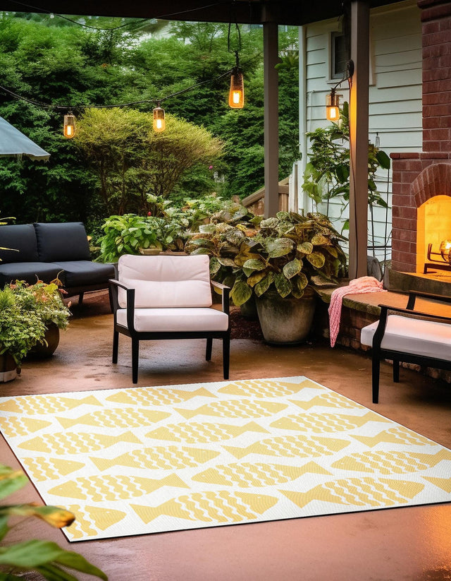 Yellow 7' 10 x 7' 10 Outdoor Coastal Square Area Rug Weather Resistant for Patio, Deck, Terrace, Balcony, Porch 100% Polypropylene Coastal Decor Carpet for Sale at Rug Engine