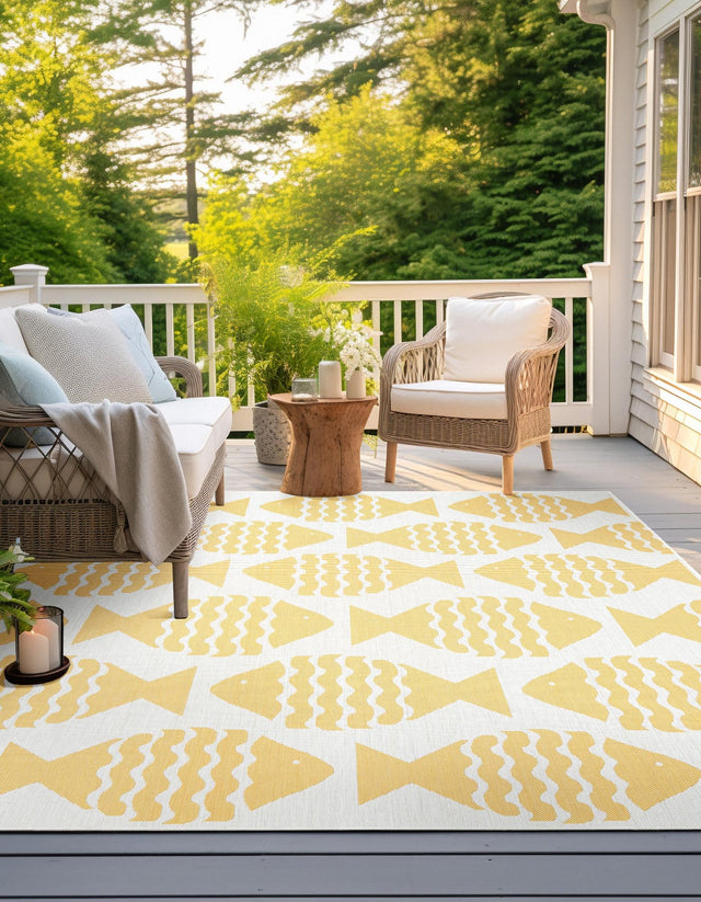 Yellow 10' x 10' Outdoor Coastal Square Area Rug Weather Resistant for Patio, Deck, Terrace, Balcony, Porch 100% Polypropylene Coastal Decor Carpet for Sale at Rug Engine
