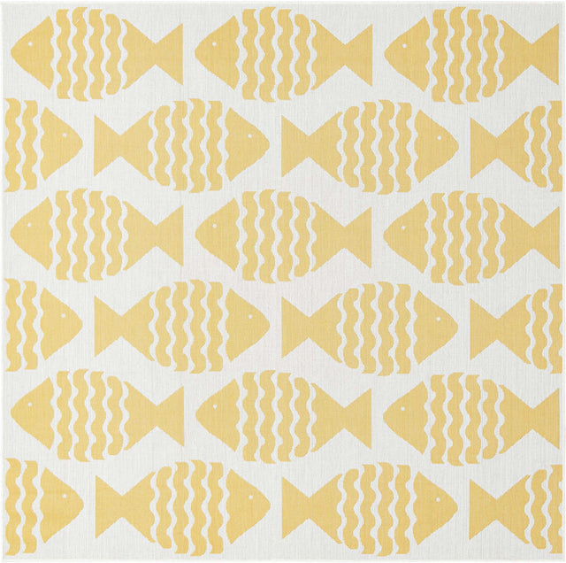 Yellow 7' 10 x 7' 10 Outdoor Coastal Square Area Rug Weather Resistant for Patio, Deck, Terrace, Balcony, Porch 100% Polypropylene Coastal Decor Carpet for Sale at Rug Engine