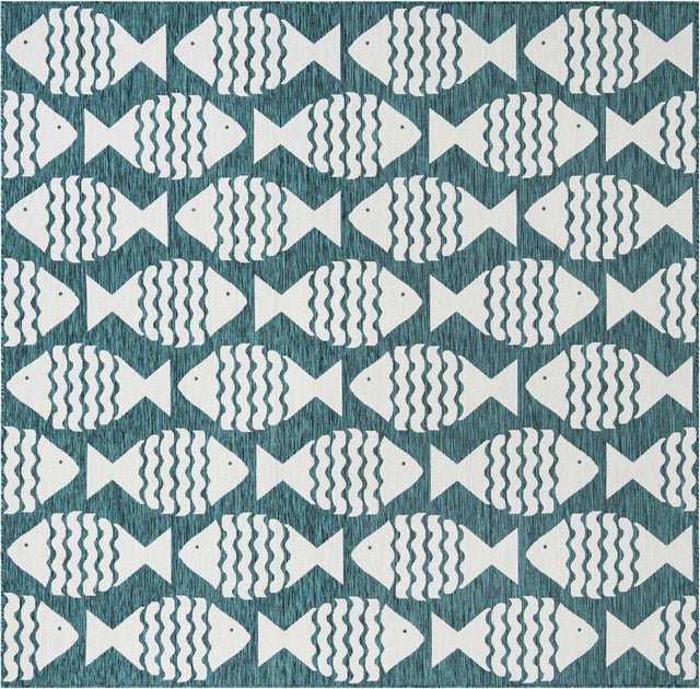 Turquoise 10' x 10' Outdoor Coastal Square Area Rug Weather Resistant for Patio, Deck, Terrace, Balcony, Porch 100% Polypropylene Coastal Decor Carpet for Sale at Rug Engine