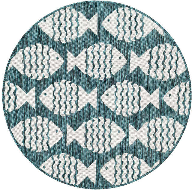 Turquoise 3' 1 x 3' 1 Outdoor Coastal Round Area Rug Weather Resistant for Patio, Deck, Terrace, Balcony, Porch 100% Polypropylene Coastal Decor Carpet for Sale at Rug Engine