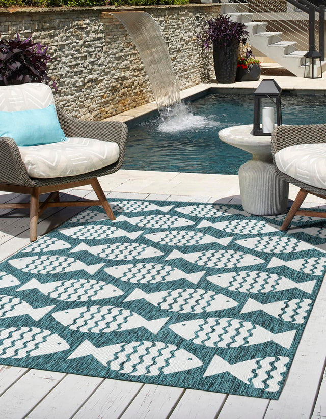Turquoise 9' x 12' Outdoor Coastal Rectangle Area Rug Weather Resistant for Patio, Deck, Terrace, Balcony, Porch 100% Polypropylene Coastal Decor Carpet for Sale at Rug Engine