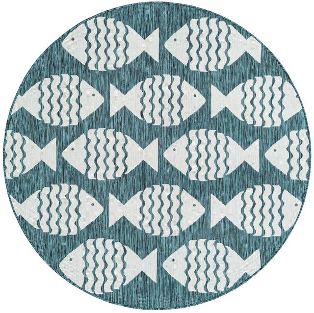 Turquoise 6' 1 x 6' 1 Outdoor Coastal Round Area Rug Weather Resistant for Patio, Deck, Terrace, Balcony, Porch 100% Polypropylene Coastal Decor Carpet for Sale at Rug Engine