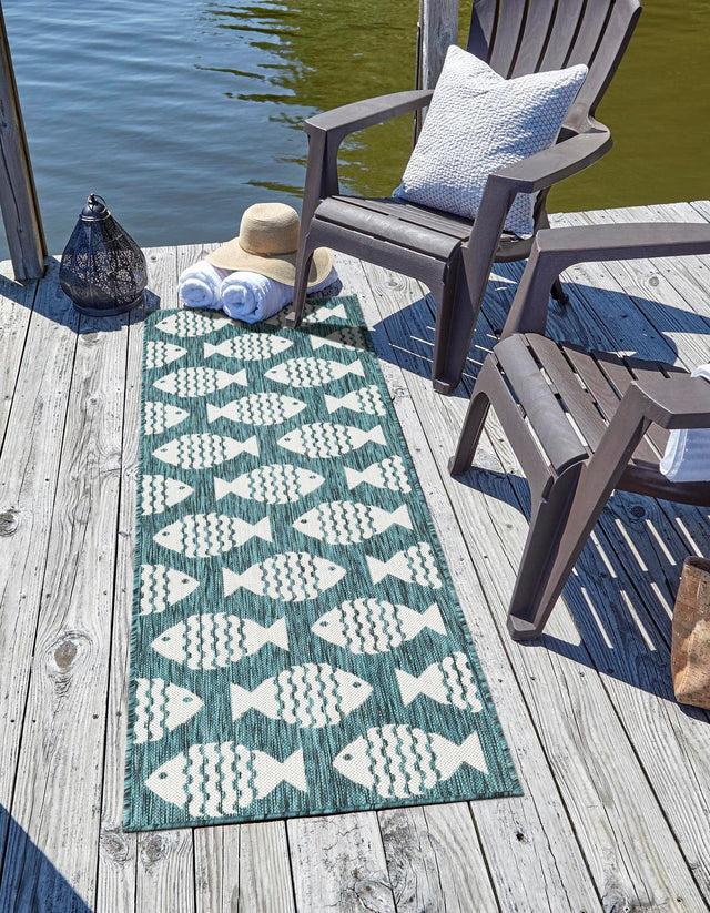 Turquoise 2' x 6' 1 Outdoor Coastal Runner Area Rug Weather Resistant for Patio, Deck, Terrace, Balcony, Porch 100% Polypropylene Coastal Decor Carpet for Sale at Rug Engine