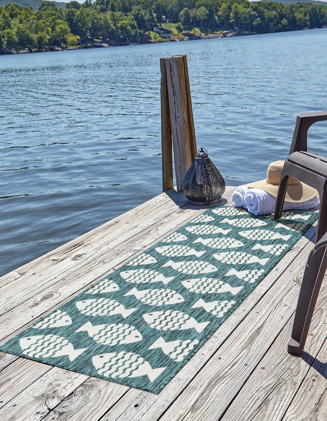 Turquoise 2' x 5' 3 Outdoor Coastal Runner Area Rug Weather Resistant for Patio, Deck, Terrace, Balcony, Porch 100% Polypropylene Coastal Decor Carpet for Sale at Rug Engine