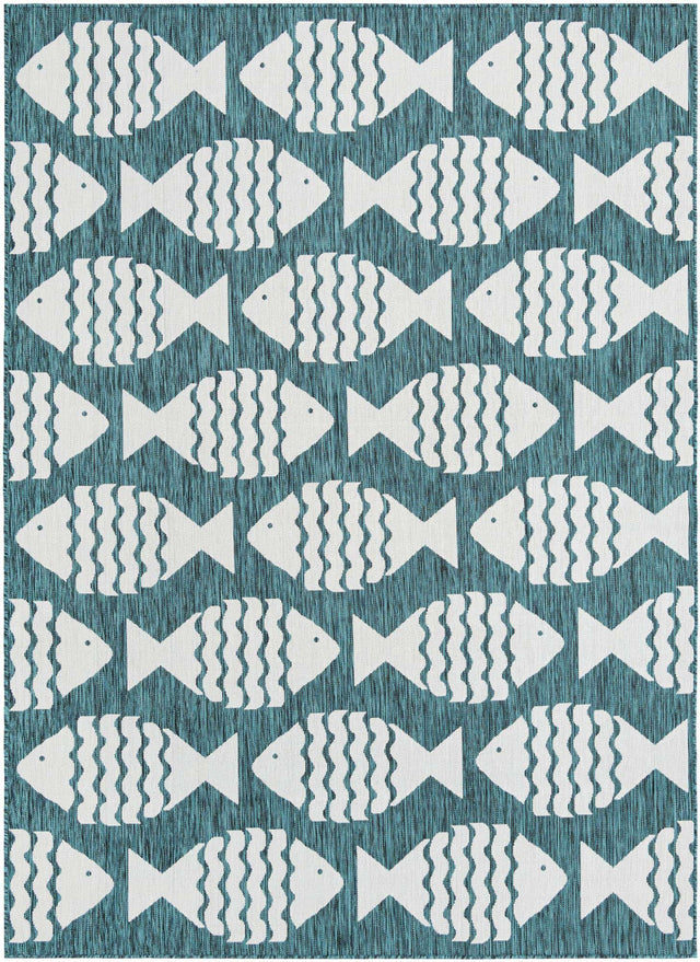 Turquoise 7' 1 x 10' Outdoor Coastal Rectangle Area Rug Weather Resistant for Patio, Deck, Terrace, Balcony, Porch 100% Polypropylene Coastal Decor Carpet for Sale at Rug Engine