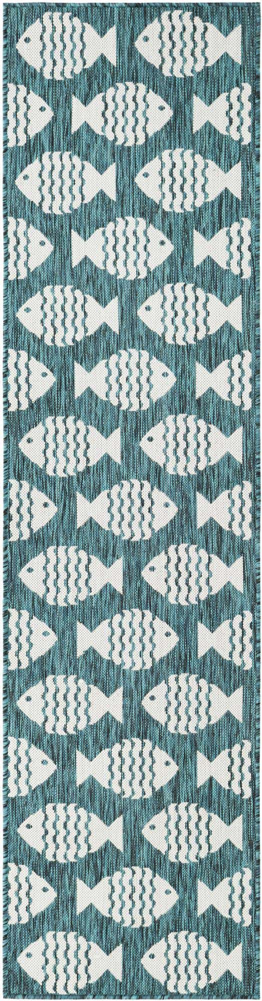 Turquoise 2' x 8' Outdoor Coastal Runner Area Rug Weather Resistant for Patio, Deck, Terrace, Balcony, Porch 100% Polypropylene Coastal Decor Carpet for Sale at Rug Engine