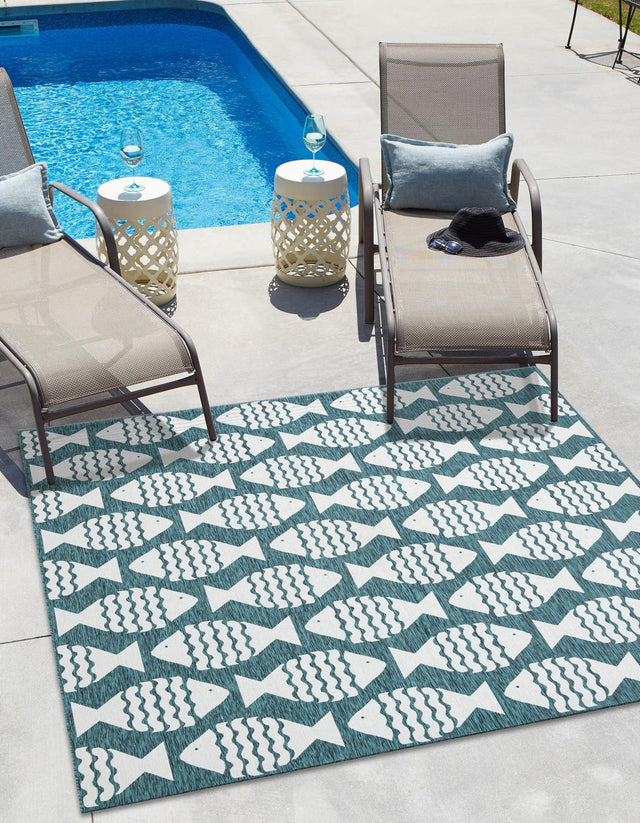 Turquoise 7' 10 x 7' 10 Outdoor Coastal Square Area Rug Weather Resistant for Patio, Deck, Terrace, Balcony, Porch 100% Polypropylene Coastal Decor Carpet for Sale at Rug Engine