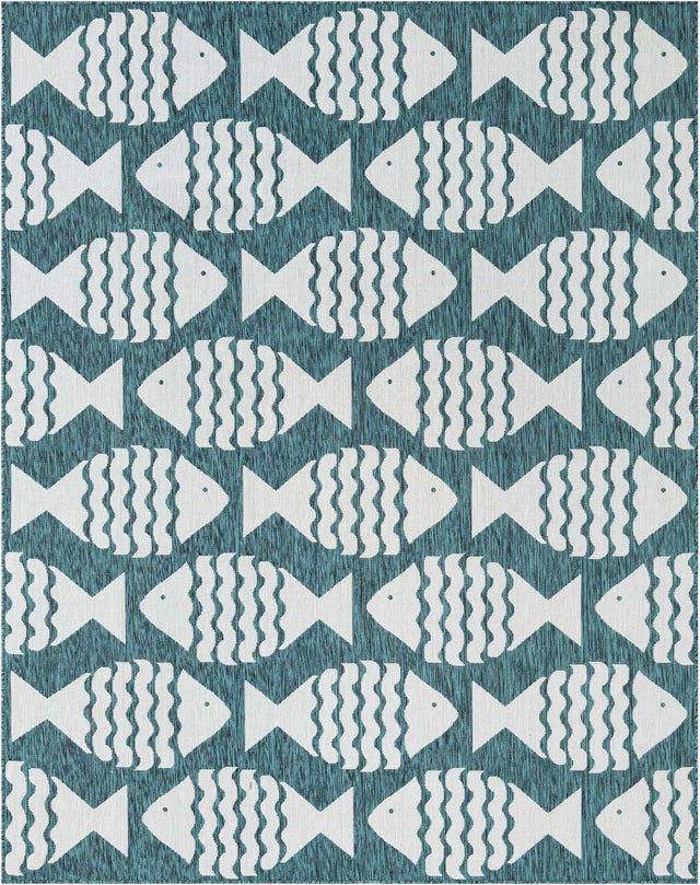 Turquoise 7' 10 x 10' Outdoor Coastal Rectangle Area Rug Weather Resistant for Patio, Deck, Terrace, Balcony, Porch 100% Polypropylene Coastal Decor Carpet for Sale at Rug Engine