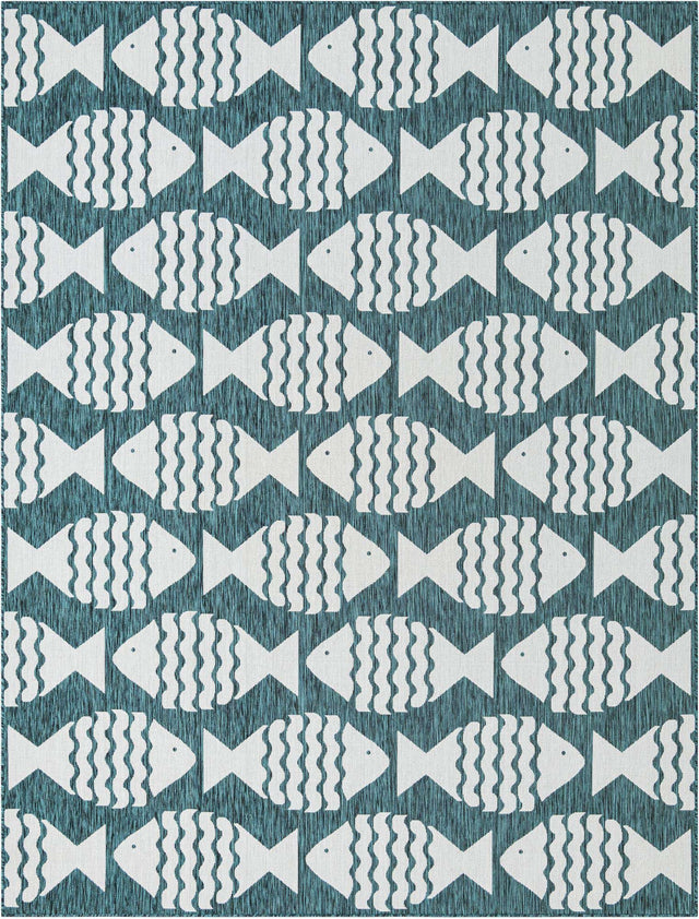 Turquoise 9' x 12' Outdoor Coastal Rectangle Area Rug Weather Resistant for Patio, Deck, Terrace, Balcony, Porch 100% Polypropylene Coastal Decor Carpet for Sale at Rug Engine