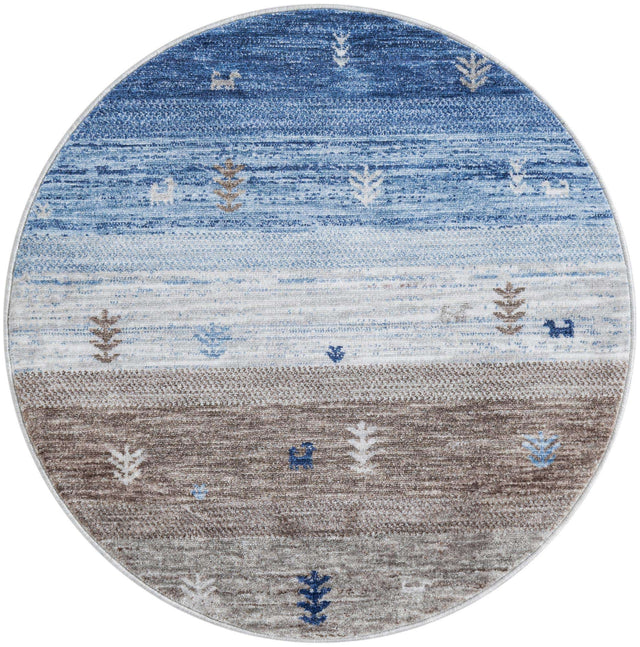 Blue Gray 3' 3 x 3' 3 Gabbeh Round Area Rug 100% Polyester (Space-Dyed Yarn) Stylish Contemporary Carpet for Home Interior Design for Sale at Rug Engine