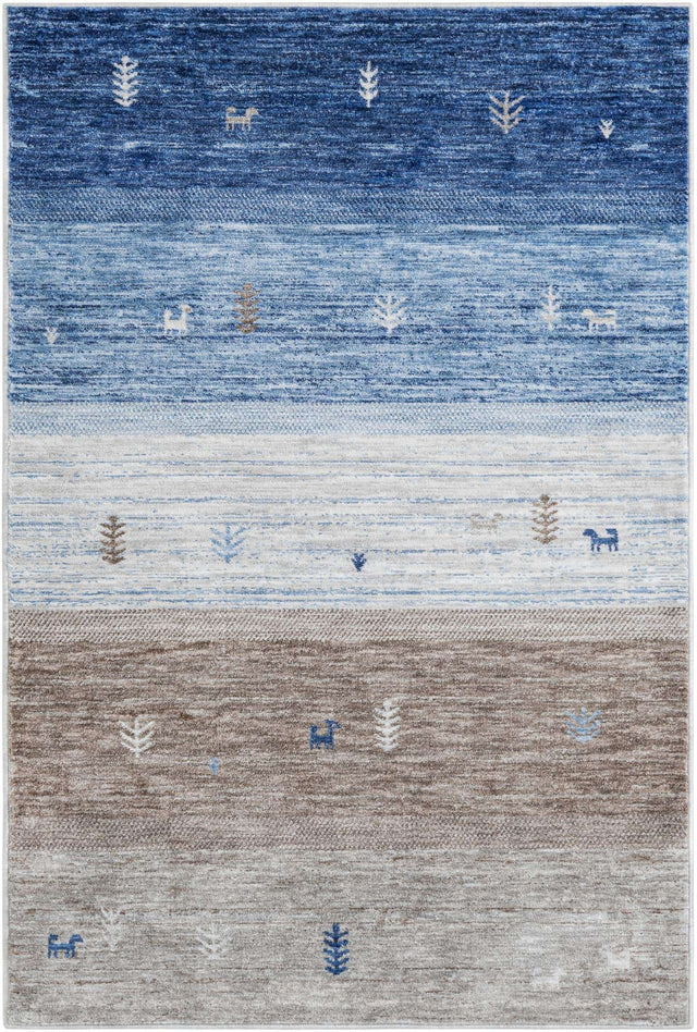 Blue Gray 4' 1 x 6' 1 Gabbeh Rectangle Area Rug 100% Polyester (Space-Dyed Yarn) Stylish Contemporary Carpet for Home Interior Design for Sale at Rug Engine