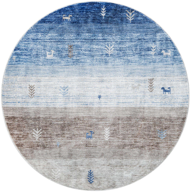 Blue Gray 5' 3 x 5' 3 Gabbeh Round Area Rug 100% Polyester (Space-Dyed Yarn) Stylish Contemporary Carpet for Home Interior Design for Sale at Rug Engine