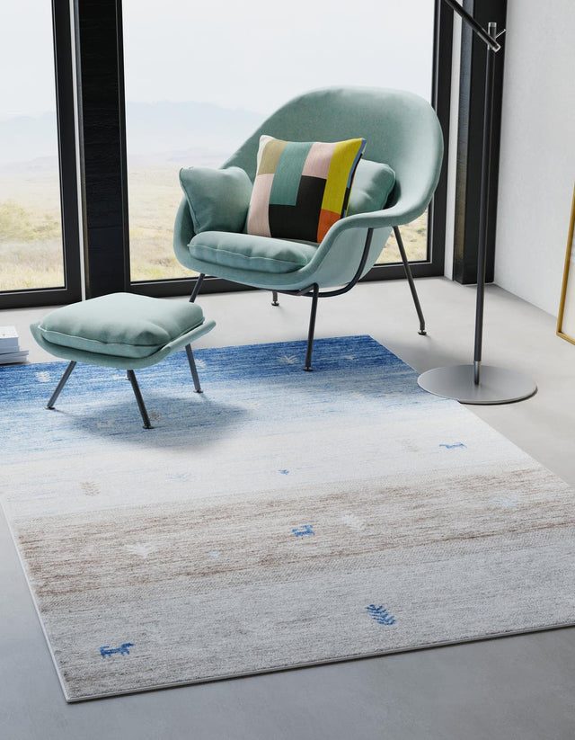 Blue Gray 4' 1 x 6' 1 Gabbeh Rectangle Area Rug 100% Polyester (Space-Dyed Yarn) Stylish Contemporary Carpet for Home Interior Design for Sale at Rug Engine