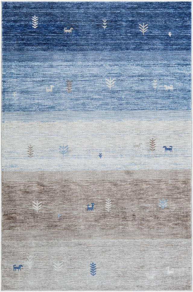 Blue Gray 6' 1 x 9' Gabbeh Rectangle Area Rug 100% Polyester (Space-Dyed Yarn) Stylish Contemporary Carpet for Home Interior Design for Sale at Rug Engine