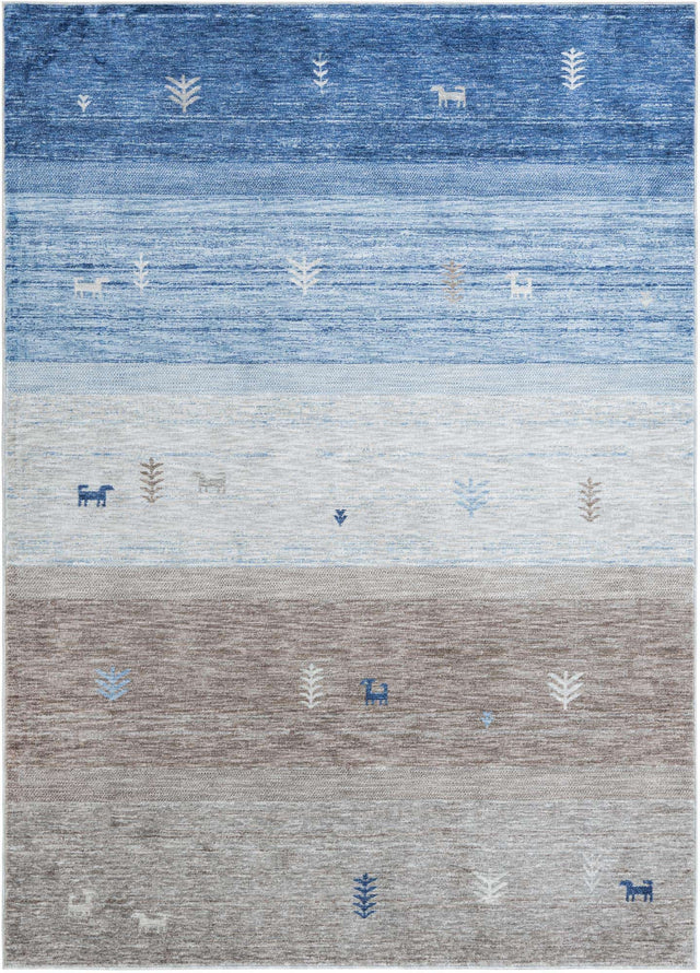 Blue Gray 7' 1 x 10' Gabbeh Rectangle Area Rug 100% Polyester (Space-Dyed Yarn) Stylish Contemporary Carpet for Home Interior Design for Sale at Rug Engine