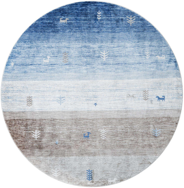 Blue Gray 7' 10 x 7' 10 Gabbeh Round Area Rug 100% Polyester (Space-Dyed Yarn) Stylish Contemporary Carpet for Home Interior Design for Sale at Rug Engine