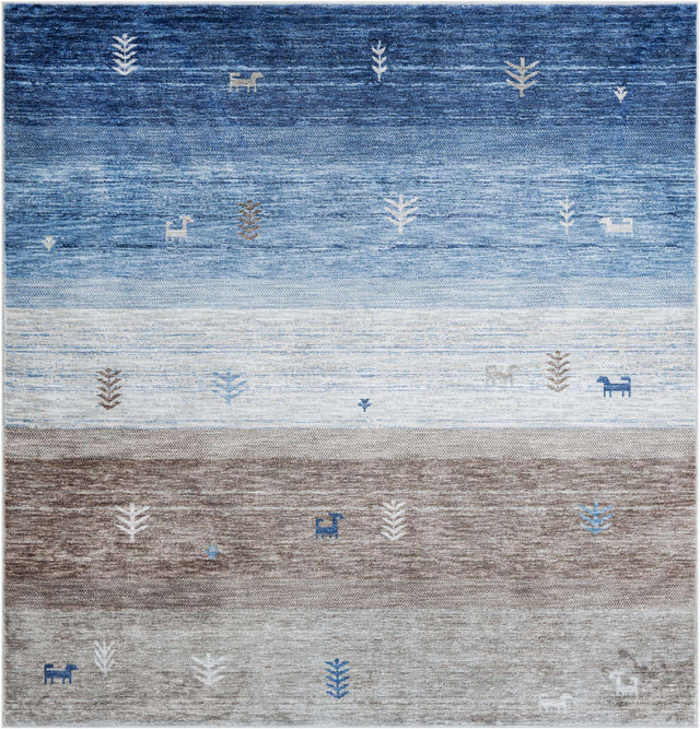 Blue Gray 7' 10 x 7' 10 Gabbeh Square Area Rug 100% Polyester (Space-Dyed Yarn) Stylish Contemporary Carpet for Home Interior Design for Sale at Rug Engine