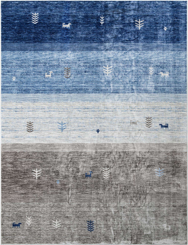 Blue Gray 9' x 12' Gabbeh Rectangle Area Rug 100% Polyester (Space-Dyed Yarn) Stylish Contemporary Carpet for Home Interior Design for Sale at Rug Engine