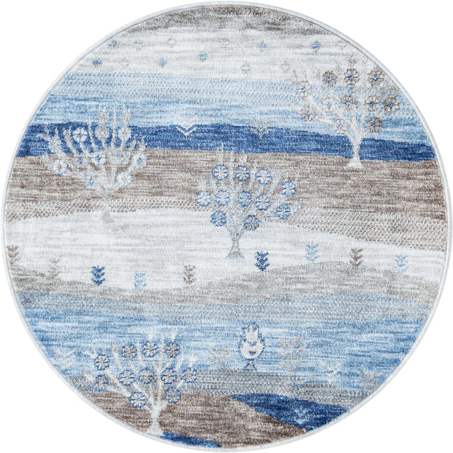 Blue Gray 3' 3 x 3' 3 Gabbeh Round Area Rug 100% Polyester (Space-Dyed Yarn) Stylish Contemporary Carpet for Home Interior Design for Sale at Rug Engine