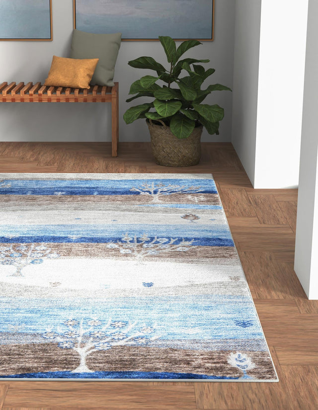 Blue Gray 5' 3 x 8' Gabbeh Rectangle Area Rug 100% Polyester (Space-Dyed Yarn) Stylish Contemporary Carpet for Home Interior Design for Sale at Rug Engine