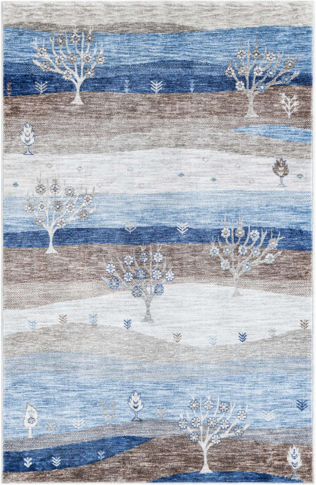 Blue Gray 5' 3 x 8' Gabbeh Rectangle Area Rug 100% Polyester (Space-Dyed Yarn) Stylish Contemporary Carpet for Home Interior Design for Sale at Rug Engine