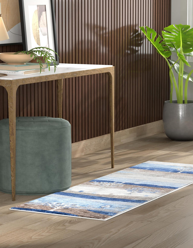 Blue Gray 2' 7 x 10' Gabbeh Runner Area Rug 100% Polyester (Space-Dyed Yarn) Stylish Contemporary Carpet for Home Interior Design for Sale at Rug Engine