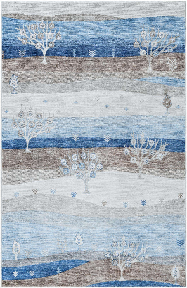Blue Gray 6' 1 x 9' Gabbeh Rectangle Area Rug 100% Polyester (Space-Dyed Yarn) Stylish Contemporary Carpet for Home Interior Design for Sale at Rug Engine