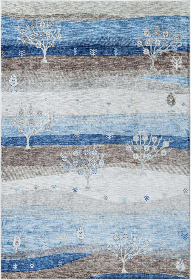Blue Gray 7' 1 x 10' Gabbeh Rectangle Area Rug 100% Polyester (Space-Dyed Yarn) Stylish Contemporary Carpet for Home Interior Design for Sale at Rug Engine