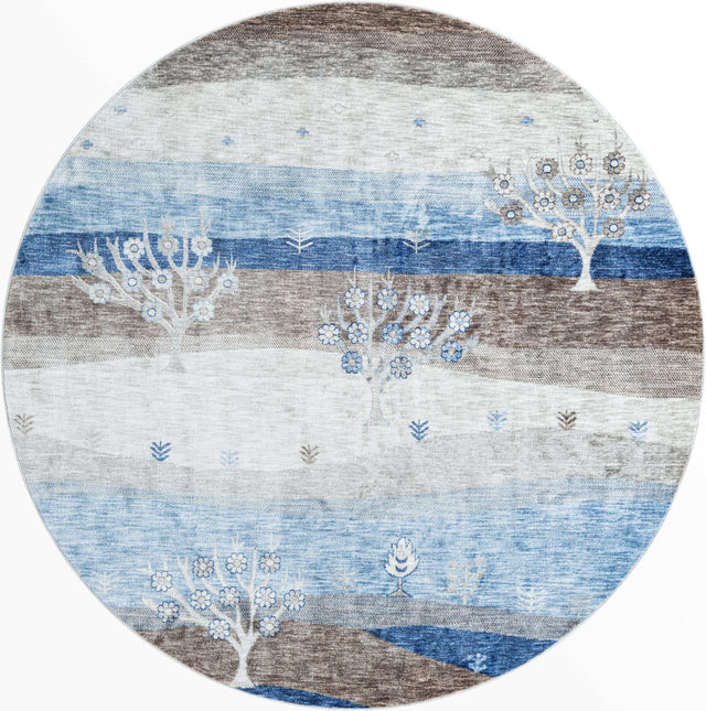 Blue Gray 7' 10 x 7' 10 Gabbeh Round Area Rug 100% Polyester (Space-Dyed Yarn) Stylish Contemporary Carpet for Home Interior Design for Sale at Rug Engine