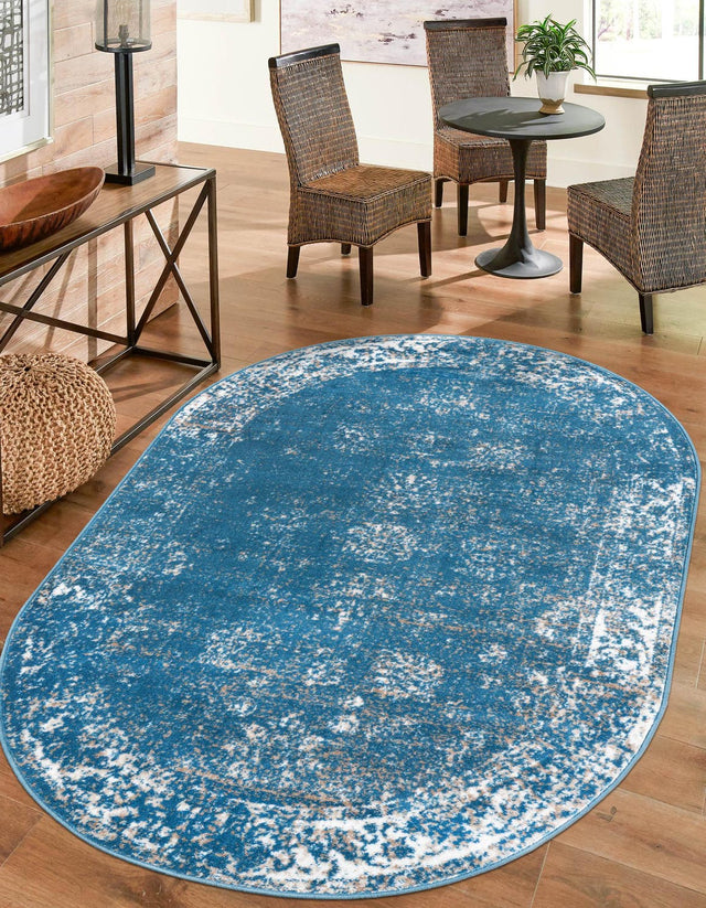Blue 4' 1 x 6' 1 Sofia Oval Area Rug Durable Easy Clean Stain Resistant Unique Carpet for Affordable Interior Home Design for Sale at Rug Engine