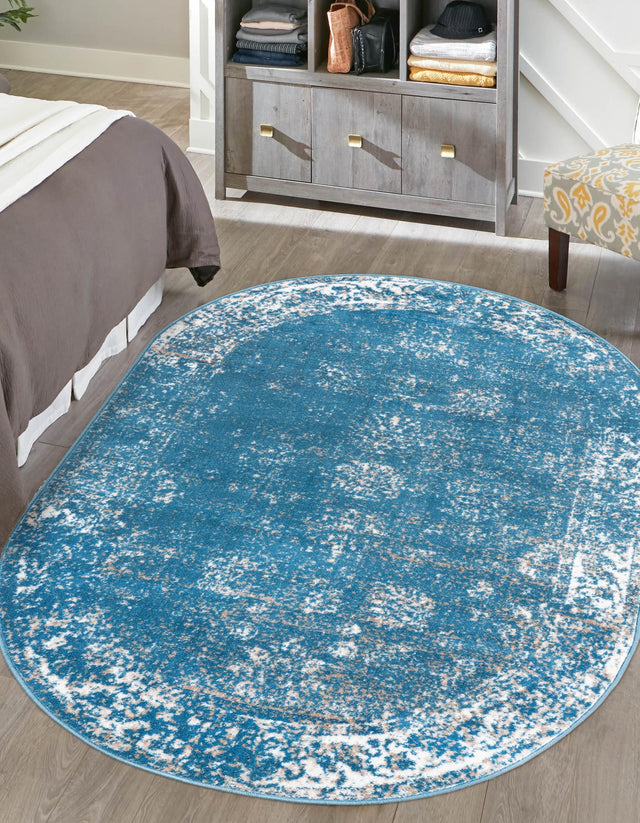 Blue 4' 1 x 6' 1 Sofia Oval Area Rug Durable Easy Clean Stain Resistant Unique Carpet for Affordable Interior Home Design for Sale at Rug Engine