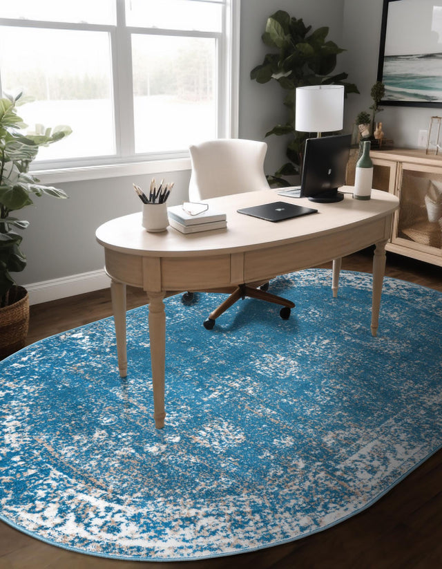 Blue 4' 1 x 6' 1 Sofia Oval Area Rug Durable Easy Clean Stain Resistant Unique Carpet for Affordable Interior Home Design for Sale at Rug Engine