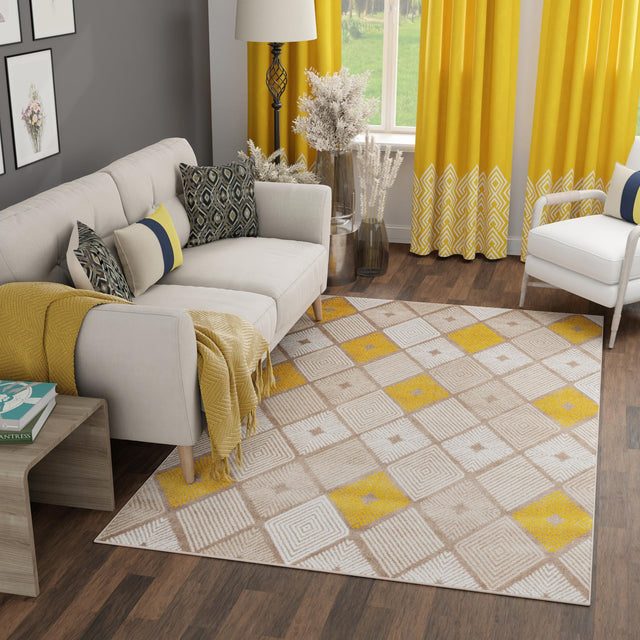 Ivory and Yellow 4' 1 x 6' 1 Laguna Rectangle Area Rug 100% Polypropylene Modern Contemporary Carpet for Bedrooms, Living Room, Dining, Office for Sale at Rug Engine